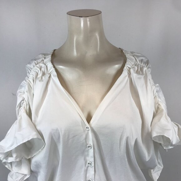 DOUBLE STANDARD CLOTHING -WOMEN'S 36 - WHITE SHORT RUFFLE SLEEVE V NECK TOP - Picture 2 of 6